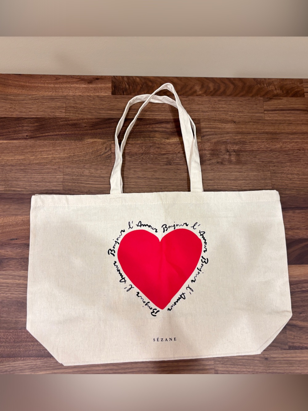 Sezane Canvas Tote Bag with Red Heart Bonjour L’amour